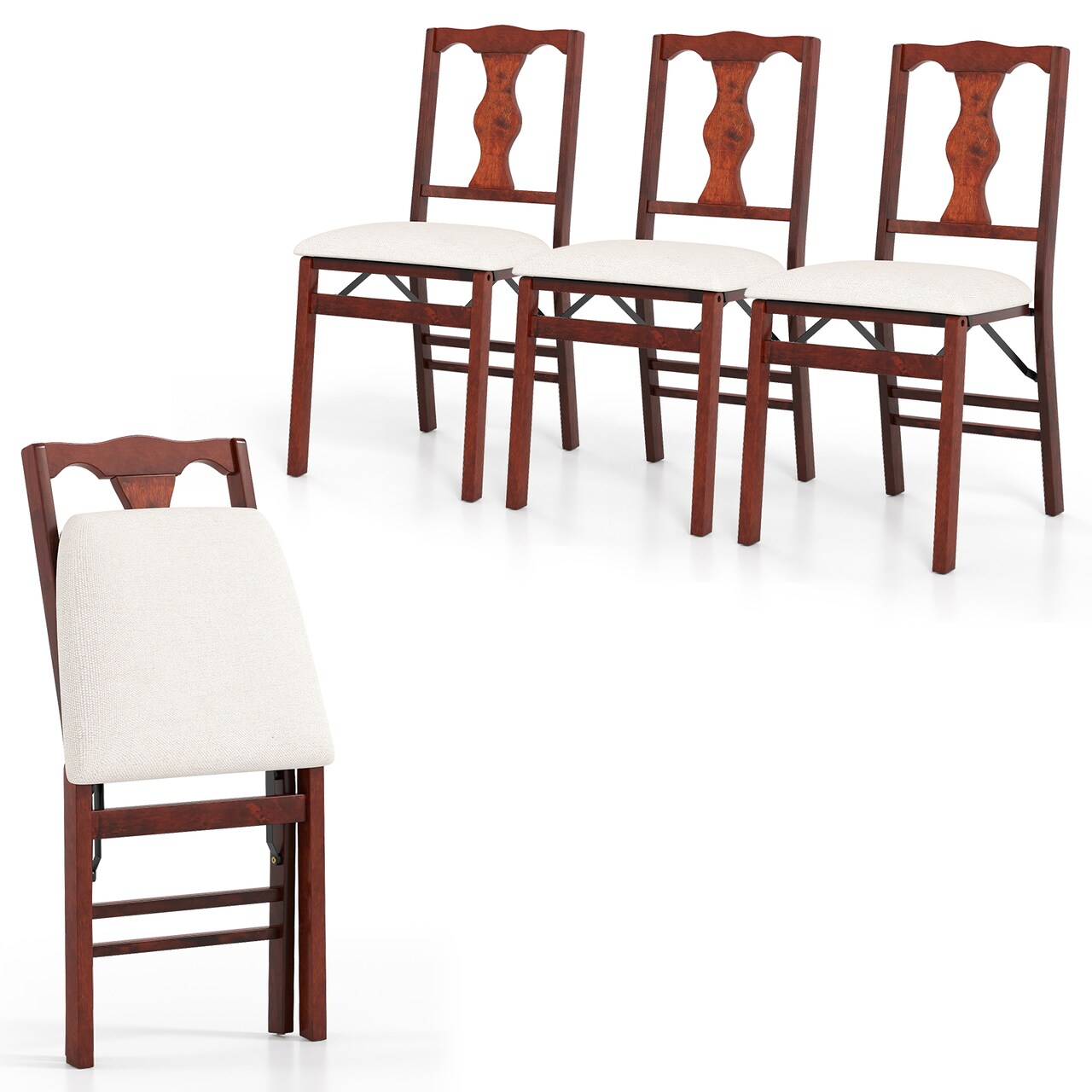 Set of 4 Beige Linen Folding Dining Chairs – Rubber Wood Frame, Padded Seat, Ergonomic Backrest